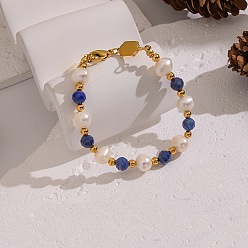 Золотой 304 Браслеты из нержавеющей стали, натурального пресноводного жемчуга и лазурита для женщин, рондель, без кадмия, без никеля и без свинца, золотые, 7-3/8 дюйм (18.7 см)