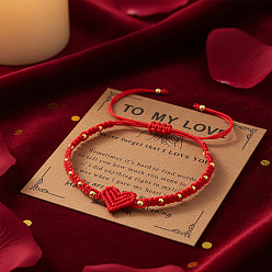 Красный Регулируемые браслеты в форме сердца из плетеной нейлоновой нити, латунные круглые бусины для украшения пары, с бумажной карточкой, красные, 11.02 дюйм (28 см)
