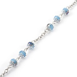 Light Sky Blue Handmade Electroplate Glass Beaded Chains, Unwelded, with Iron Eye Pin, Rondelle, Light Sky Blue, 12~13x6mm, 1m/strand, 39.37 inch