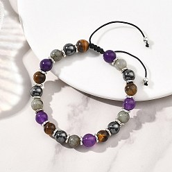 (52) Непрозрачная лаванда Регулируемые браслеты из круглых бусин с натуральным лабрадоритом, тигровым глазом и немагнитным синтетическим гематитом для женщин., с плетеным нейлоновым канатом, разноцветные, внутренний диаметр: 2.17 ~3.39 дюйм (5.5~8.6 см)