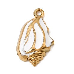 White 304 Stainless Steel Enamel Pendants, Conch Shape Charms, Ion Plating(IP), Real 18K Gold Plated, White, 20x12x4mm, Hole: 1.4mm