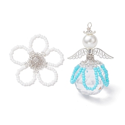 Небесно-голубой 2шт 2 стили стеклянные бусины подвески, цветок и ангел, с крылом из сплава и стеклянными круглыми бусинами из жемчуга, окрашенными в технике выпекания, голубой, 38x6 мм, отверстие : 2 мм