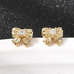 Настоящее золото 18K Серьги-гвоздики из латуни с микро-паве и бантом из прозрачного кубического циркония, без никеля , реальный 18 k позолоченный, 6x7 мм
