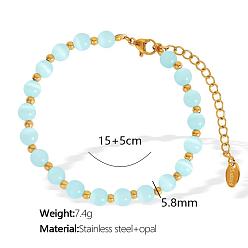 Небесно-голубой Элегантные европейские браслеты из круглого кошачьего глаза 5.8мм с цепочками на концах из нержавеющей стали для женщин, золотые, голубой, 5-7/8 дюйм (15 см)