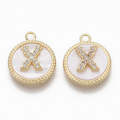 Letter X Brass Micro Pave Cubic Zirconia Pendants, with Shell, Flat Round with Letter, Nickel Free, Clear, Creamy White, Real 18K Gold Plated, Letter.X, 17x14x4mm, Hole: 1.8mm
