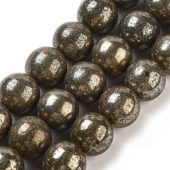 Pyrite Natural Pyrite Round Beads Strands, Grade A, 8mm, Hole: 1mm, about 50pcs/strand, 16 inch