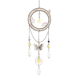 Stainless Steel Color Natural Rose Quartz Chips & Metal Ring & Butterfly Suncatchers, Glass Cone Charms Window Hanging Prism Light Catcher Decor, Stainless Steel Color, 430mm, Hole: 8mm