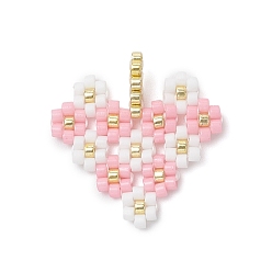 Pink Сердце из стеклянного бисера Миюки с подвесками в виде цветов, розовые, 21.5x21x3 мм, отверстие : 2 мм