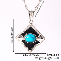 Платина Винтажные латунные ожерелья с подвесками в виде ромба из синтетической бирюзы и прозрачных кубических цирконий, с черной эмалью, платина, 15.75 дюйм (40 см)