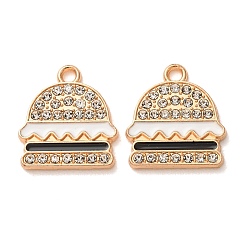 White Alloy Enamel Pendants, Hamburger Charms, with Rhinestone, Light Gold, White, 17.3x15.5x1.7mm, Hole: 1.8mm