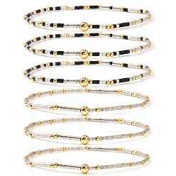 (52) Непрозрачная лаванда 6 Браслеты ручной работы из стеклянного бисера и латунных бусин, эластичные., Регулируемый набор украшений для женщин, которые можно носить в несколько рядов., разноцветные, 6.50 дюйм (16.5 см)