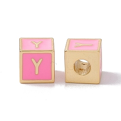 Letter Y Стойки покрытие латунь эмаль бисер, без кадмия, без никеля и без свинца, реальный 18 k позолоченный, куб с письмом, розовый жемчуг, letter.y, 6x6x6 мм, отверстие : 2.5 мм
