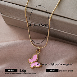 Mariposa Collares con colgante de acero inoxidable esmaltado estilo vintage para mujer, dorado, rosa, mariposa, 304 pulgada (15.75 cm)