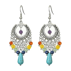 Смешанные камни Длинные серьги-капли из натуральных смешанных камней с бусинами, Серьги-люстры из сплава в тибетском стиле с латунными штифтами, 66x24.5 мм