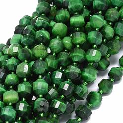 Зеленый Природных тигровый глаз бисер нитей, с бисером, граненые, двухконусные, точечные призмы с двойным концом, окрашенная и подогревом, зелёные, 9~10.5x8~10 мм, отверстие : 0.8 мм, около 31 шт / нитка, 15.16 дюйм (38.5 см)