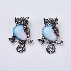 Опал Gemstone подвеска, со сплавочной фурнитурой и стразами, сова, 50x35x7.5~9 мм, отверстие : 5x8 мм