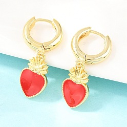 Красный Латунные серьги-кольца ко Дню святого Валентина, с эмалью, святое сердце, без кадмия и без свинца, долговечный, стойки покрытие, реальный 18 k позолоченный, красные, 33x11 мм