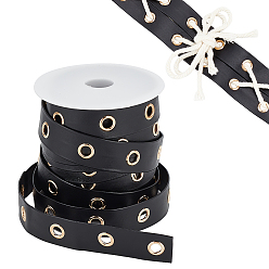 Черный Плоские имитационные кожаные шнуры, с позолоченными железными люверсами, аксессуары для одежды, чёрные, 19x0.8~2 мм, 10 ярдов / набор