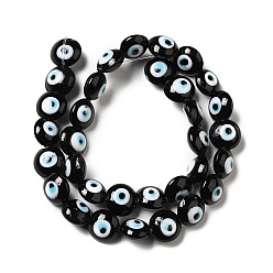 Black Handmade Evil Eye Lampwork Beads Strands, Flat Round, Black, 12.5x7.5mm, Hole: 1.6mm, about 33pcs/strand, 15.12''(38.4cm)