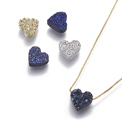 Mixed Color Brass Pendant Necklaces, with Druzy Resin and Box Chains, Heart, Golden, Mixed Color, 17.71 inch(45cm), Pendant: 8.5x9.5x3.5mm