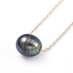 Black Natural Cultured Freshwater Pearl Pendant Necklaces, with Lobster Claw Clasps, Oval, Golden, Black, 15.9 inch(40.5cm)