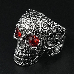 Siam Antique Silver Alloy Men's Cuff Rings with Rhinestone, Skull, Siam, US Size 8 1/2(18.5mm)