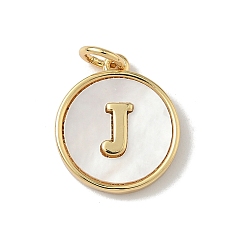 Letter J Латунный паве натуральный ракушка плоский круглый с буквенными подвесками, реальный 18 k позолоченный, долговечный, без свинца и без кадмия, стойки покрытие, цвет морской раковины, буква J, 15x13x2 мм, отверстие : 3 мм