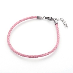 Бледно-Розовый Плетеный кожаный шнур браслет решений, с 304 застежкой из лобстера и удлинительной цепью, цвет нержавеющей стали, розовый жемчуг, 8-1/2 дюйм (21.5 см), 3 мм