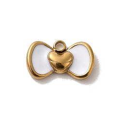 Белый 304 из нержавеющей стали шармы эмали, бантик с подвеской в виде сердечка, реальный 14 k позолоченный, белые, 6x10x2 мм, отверстие : 1.2 мм