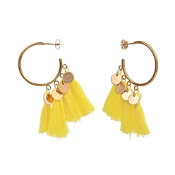 Yellow Half Hoop Earrings, with Ear Nuts, Cotton Thread Tassels, 304 Stainless Steel Stud Earring Findings and Flat Round Brass Charms, Yellow, 63mm, Pin: 0.7mm