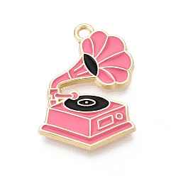 Ярко-Розовый Подвески из эмали и сплава, подвески для граммофона, золотые, без кадмия, без никеля и без свинца, ярко-розовый, 24x17x2 мм, отверстие : 1.8 мм