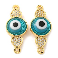 Dark Turquoise Brass Micro Pave Clear Cubic Zirconia Connector Charms, with Lampwork, Evil Eye with Heart, Real 18K Gold Plated, Dark Turquoise, 28.5x11x4.5~5mm, Hole: 1.4mm