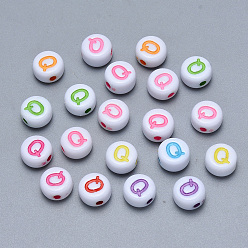 Letter Q Ремесленные акриловые бусины с горизонтальными отверстиями, плоско-круглые, разноцветные, letter.q, 7x3.5~4 мм, отверстие : 1.5 мм, Около 3600 шт / 500 г