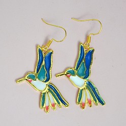 Dark Turquoise Alloy Enamel Bird Dangle Earrings for Women, Golden, Dark Turquoise, 38x24mm