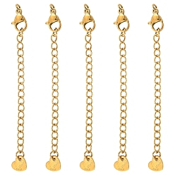 Настоящее золото 18K 5шт 304 удлинитель цепи из нержавеющей стали, концевые цепочки с застежками-карабинами и петлями в виде сердечек, реальный 18 k позолоченный, 67~72 мм