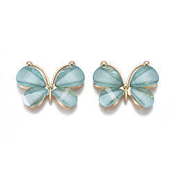 Dark Turquoise Alloy Pendants, with Resin, Faceted, Butterfly, Light Gold, Dark Turquoise, 21~22x28~29x4.5mm, Hole: 2.5mm.