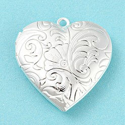 Silver Brass Locket Pendants, Photo Frame Pendants for Necklaces, Cadmium Free & Lead Free, Heart with Flower Charm, Silver, 29x28.5x7mm, Hole: 2mm, Inner Diameter: 20x21mm