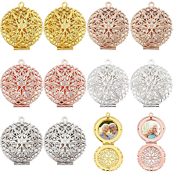 Mixed Color 10Pcs 5 Colors Brass Diffuser Locket Pendants, Picture Frame Charms for Necklace, Flat Round with Flower, Mixed Color, 32x28x6.5mm, Hole: 1.5mm, 2pcs/color