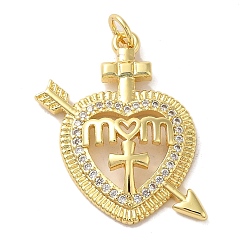 Настоящее золото 16K Подвески из латуни с микро паве ко Дню матери, прозрачные подвески с кубическим цирконием, без кадмия и без свинца, сердце, реальный 16 k позолоченный, 27x22x4 мм, отверстие : 3 мм