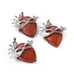 Red Jasper Natural Red Jasper Pendants, Teardrop with Mask Charms, with Rack Plating Platinum Plated Brass Ruby Rhinestone Findings, 37~37.5x34.5~36x10~11mm, Hole: 6x4mm