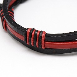 Red Trendy Unisex Casual Style Waxed Cord and Leather Bracelets, Red, 56mm