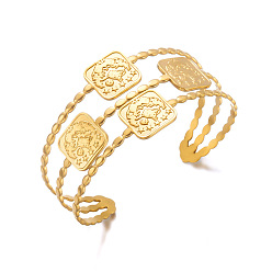 Golden 304 Stainless Steel Square 3-Line Open Cuff Bangles for Women, Golden, Inner Diameter: 2.36 inch(6cm)