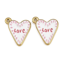 Word Printed 304 Stainless Steel Enamel Pendants, Heart Charms, Ion Plating(IP), Real 18K Gold Plated, Word Love Charms, 18x14.5x3mm, Hole: 1.5mm