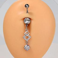 Rhombus 304 Кольца для живота в форме изогнутой штанги из нержавеющей стали с прозрачным кубическим цирконием, серебряный цвет гальваническим, ромб, 52 мм