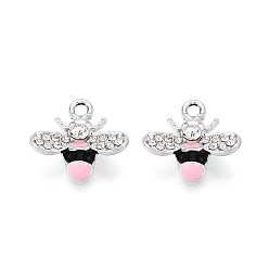 Pink Rhinestone сплава и эмали подвески, Пчелы, платина, розовые, 15.5x17x6 мм, отверстие : 2 мм