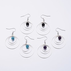Mixed Stone Brass Dangle Earrings, with Natural & Synthetic Mixed Stone Beads, Silver Color Plated, 46x30mm, Pin: 0.5mm