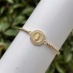 Virgin Bracelet coulissant ajustable en laiton avec micro-pavé de zircon cubique transparent et chaîne à billes, Bracelets religieux à maillons pour femmes, réel 18 k plaqué or, vierge, 5.91 pouces (15 cm) ~9.84 pouces (25 cm)