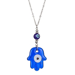 Platinum Transparent Handmade Lampwork Religion Hamsa Hand Pendant Necklaces, Blue Evil Eye Necklace with Brass Cable Chains, Platinum, 15.39 inch(39.1cm)