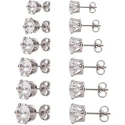 Clear Cubic Zirconia Stud Earrings, with Stainless Steel Findings, Clear, Pin: 0.8mm, 13~17x3~8mm, Pin: 0.8mm, 6pairs/set