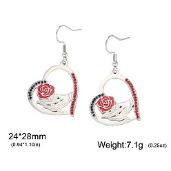 Couleur Acier Inoxydable Boucles d'oreilles pendantes en acier inoxydable émaillé pour femmes, cœur, avec strass, couleur inox, 304mm